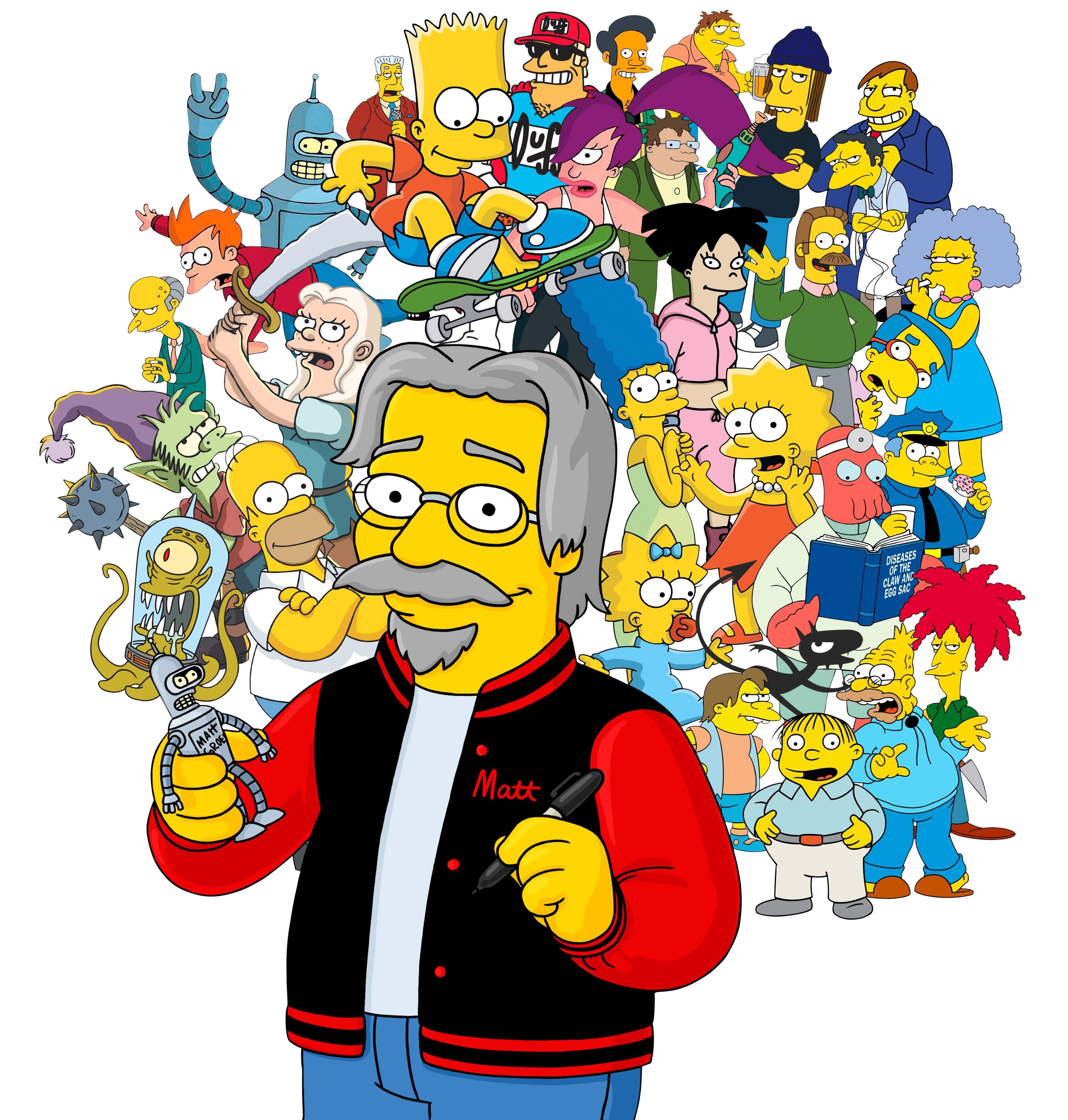 Caricatura de Matt Groening rodeado de los personajes icónicos de sus series: Los Simpsons, Futurama y Desencanto. En el centro, se encuentra Matt Groening, caricaturizado al estilo de Los Simpsons, con su característica cabeza amarilla y ojos saltones. A su alrededor, se ven personajes reconocibles como Homero Simpson, Fry y la Princesa Bean. La imagen representa la creatividad y genialidad de Groening en la creación de universos animados